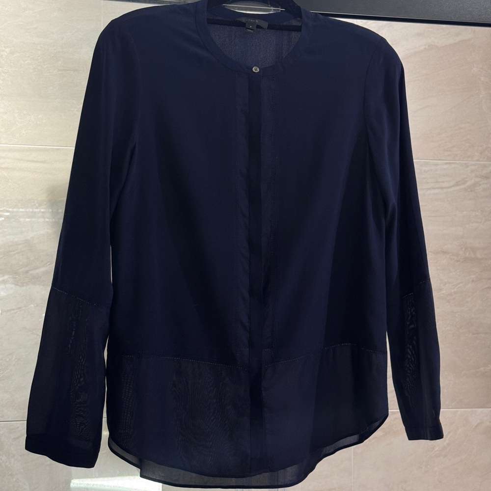 J. Crew Collection Ladder-Stitch Silk Blouse Navy Blue Size 8